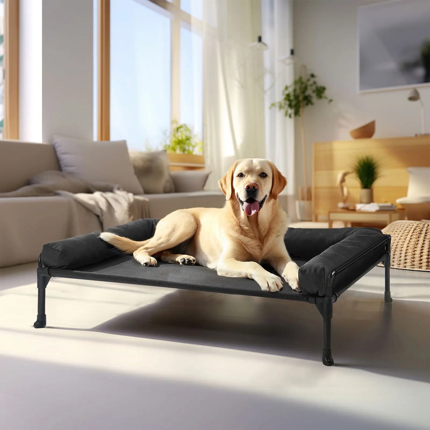 Elevate Your Dog's Comfort with the VEEHOO Cooling Elevated Dog Bed - Perfect for Large Dogs with Three-Sided Bolster Design and Easy Assembly!