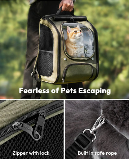 Pecute Expandable Cat Backpack Carrier – Airline Approved Bubble Space Capsule for Small Dogs & Cats, Stylish Pink Design with Locking Zippers and Ventilated Mesh